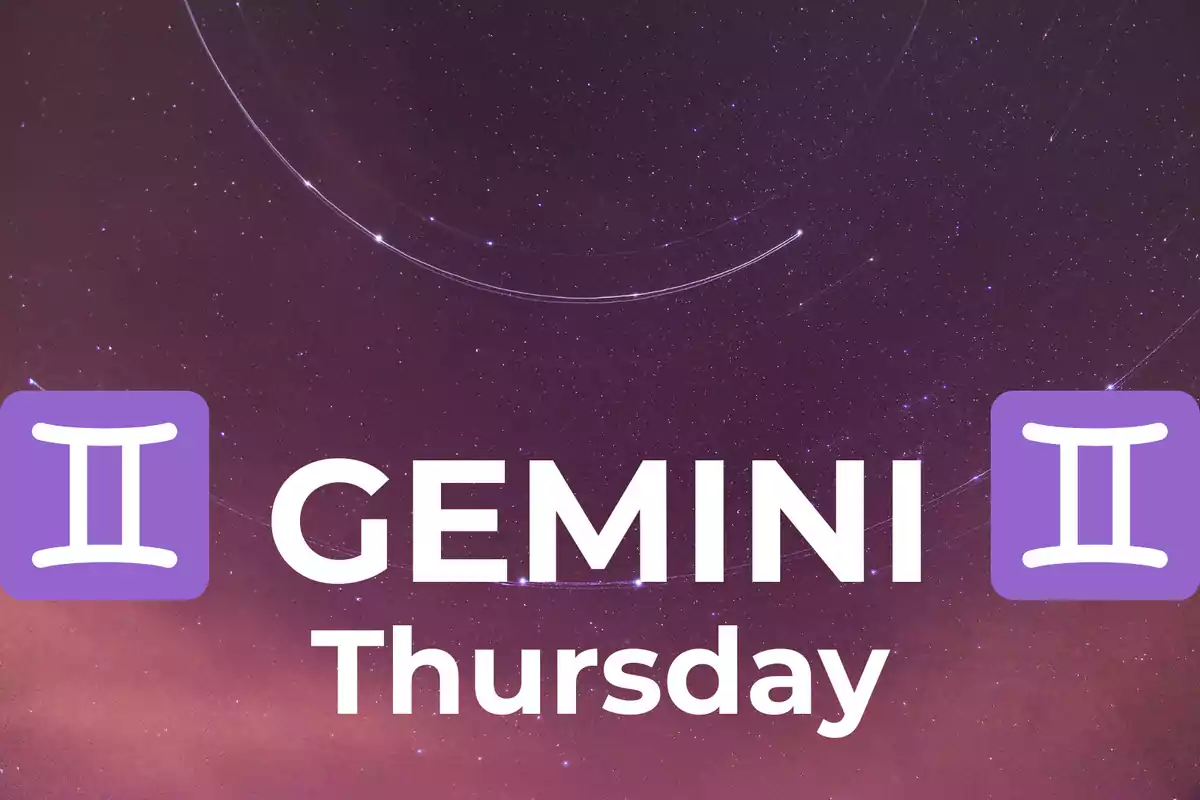 Starry sky background with the text GEMINI Thursday and two purple Gemini symbols