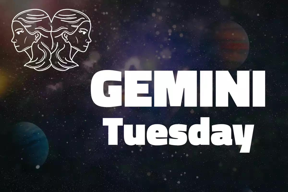 Illustration of two twin faces next to the words GEMINI Tuesday on a background of stars and planets.