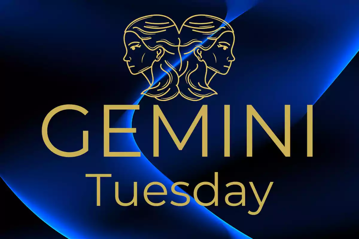 Illustration of the Gemini sign with two faces facing each other and the words GEMINI and Tuesday on a dark blue background