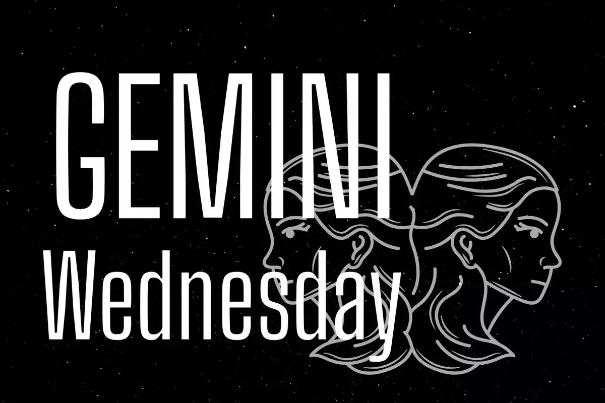 Starry background with the word GEMINI and Wednesday next to a drawing of two female faces looking in opposite directions
