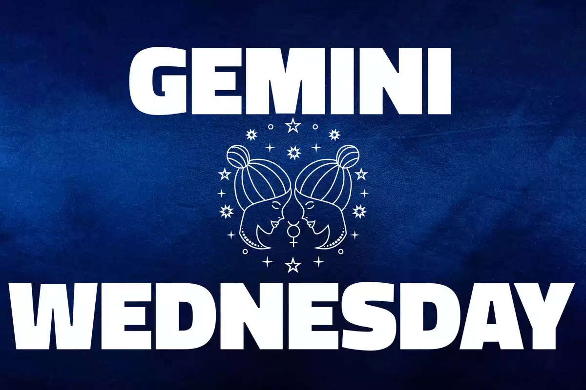 Blue background with the words GEMINI and WEDNESDAY in white letters and a drawing of two identical faces facing each other surrounded by stars.