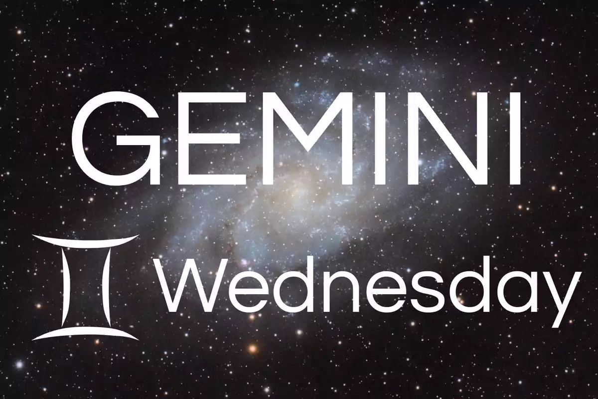 Galaxy background with the word GEMINI in large letters, the Gemini symbol, and the word Wednesday in white letters