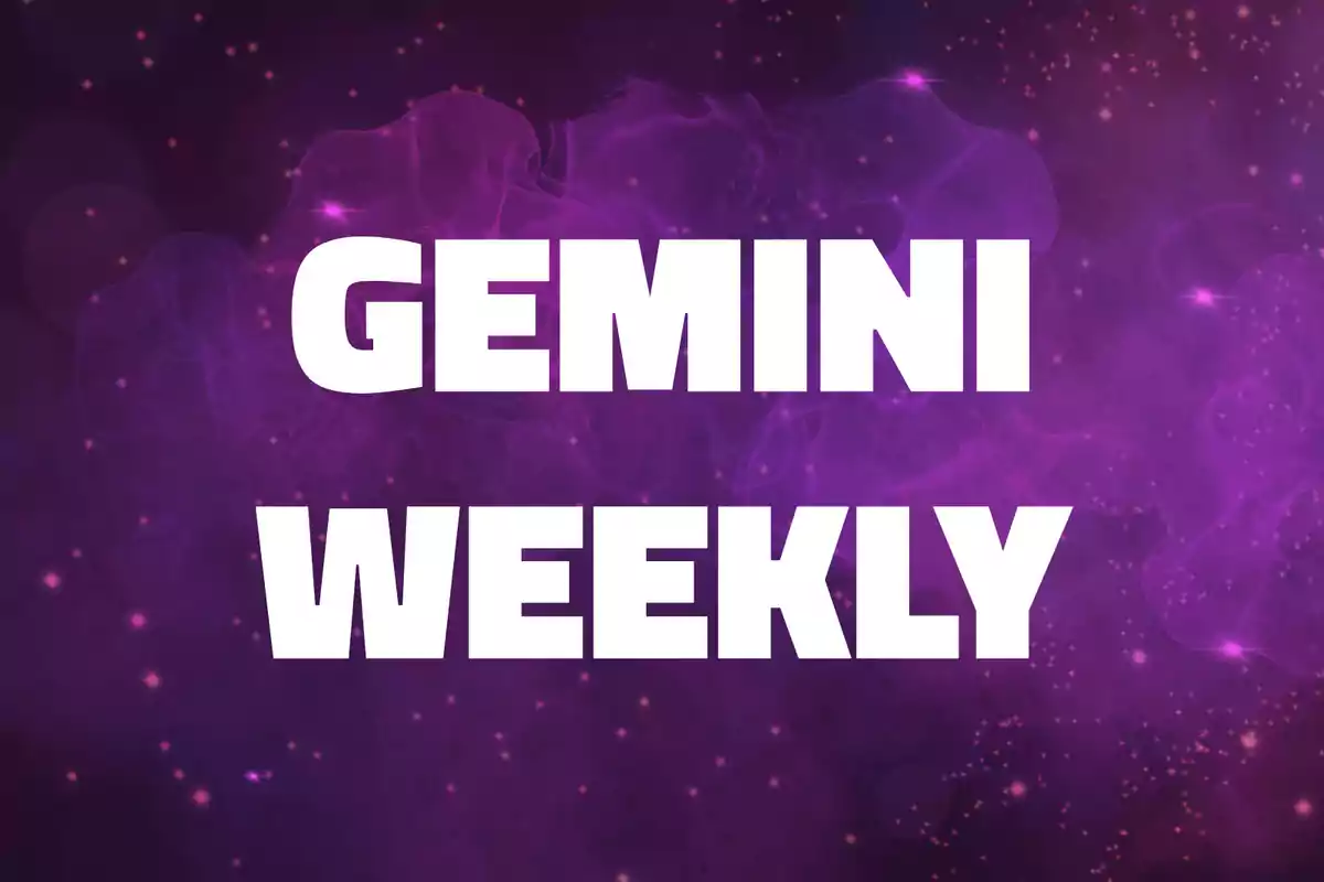 Gemini Weekly text in white letters on a purple background with sparkles and abstract shapes.