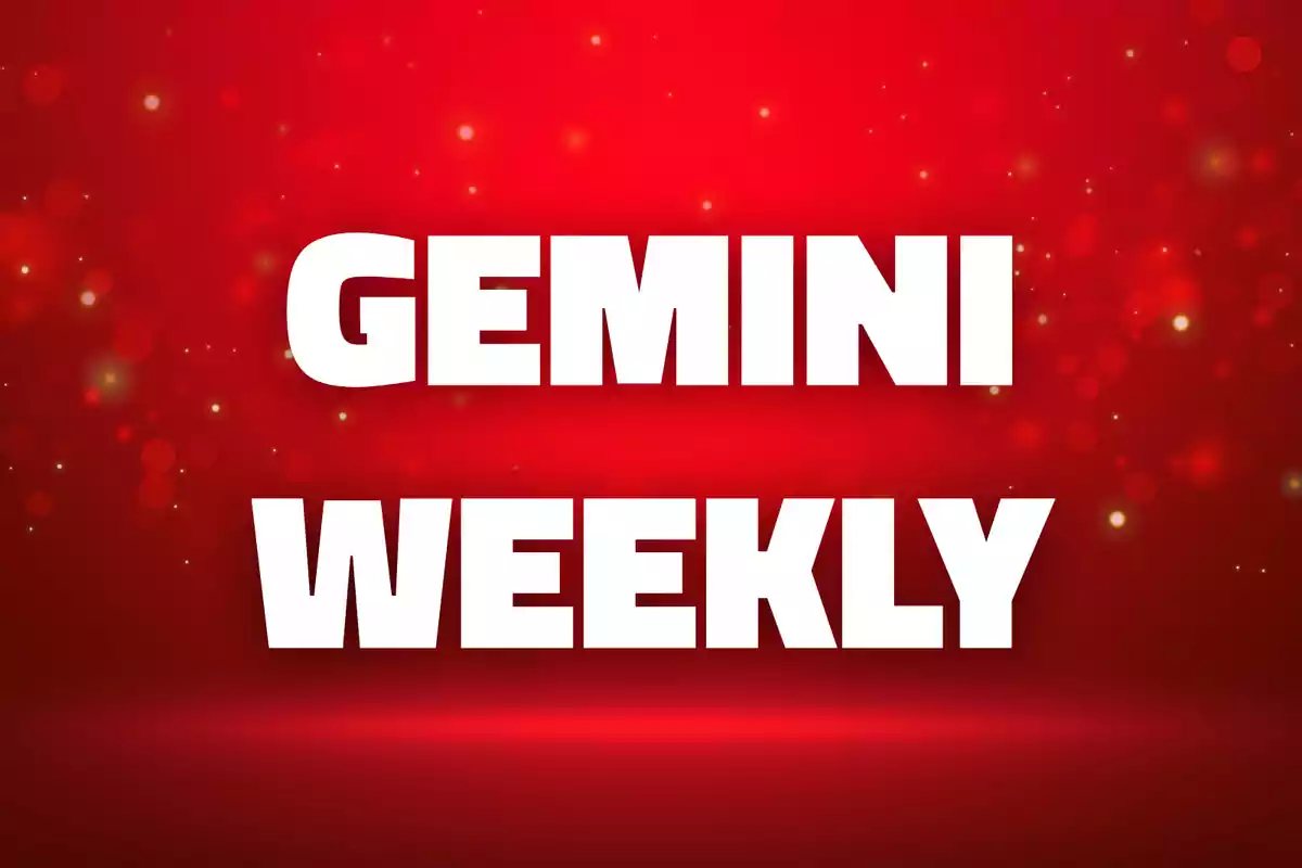Gemini Weekly text in white letters on a red background with sparkles and blurred lights