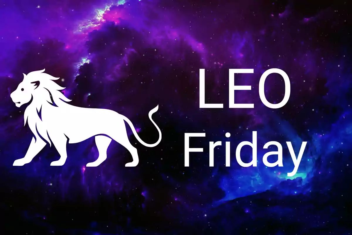 Purple galaxy background with the silhouette of a white lion and the words LEO and Friday in large letters