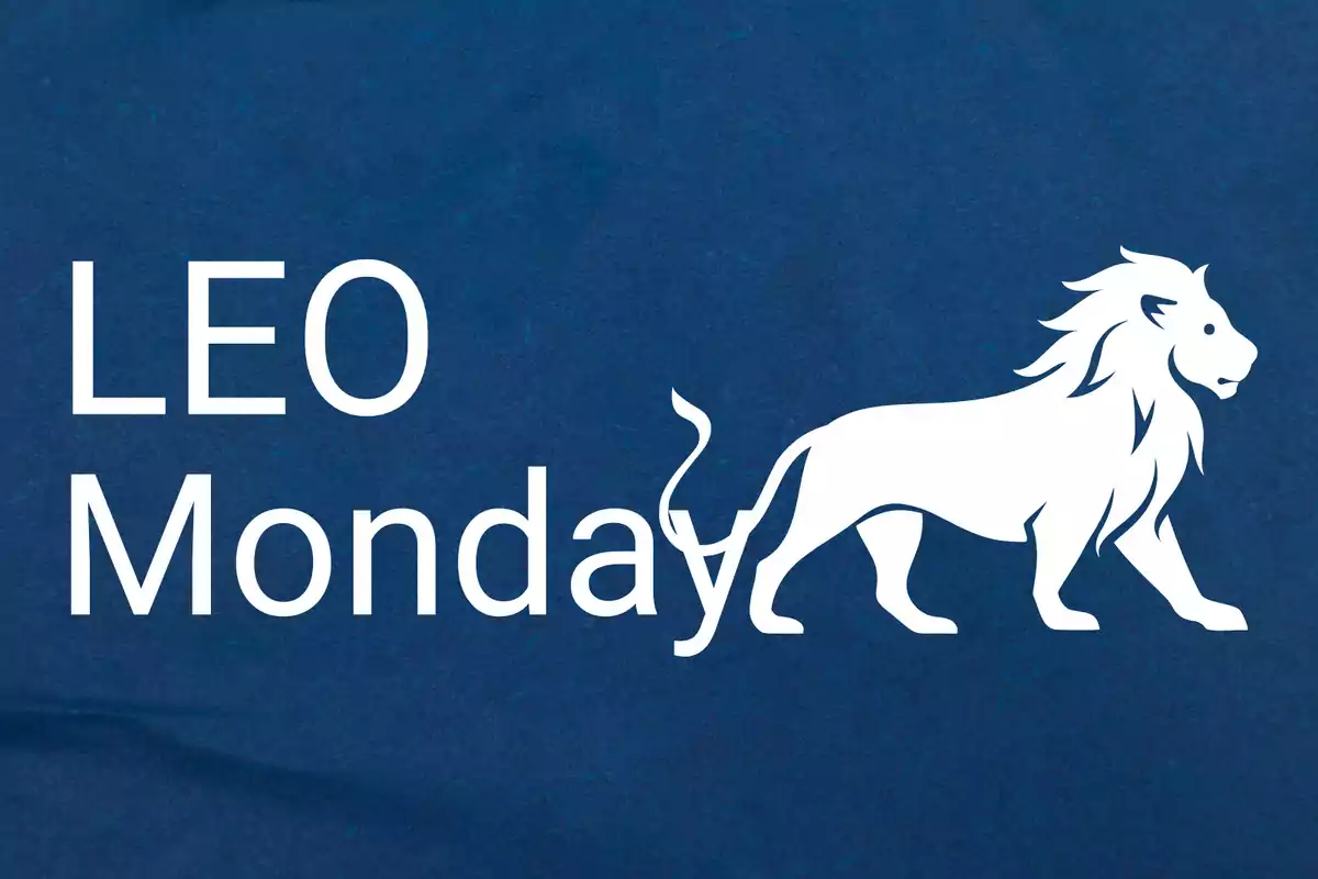 LEO Monday text next to the silhouette of a lion on a blue background