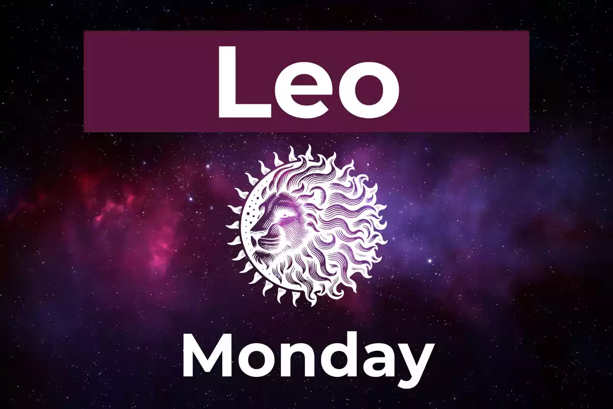 Image with a galaxy background, the text Leo at the top, a stylized lion drawing in the center, and the word Monday at the bottom.