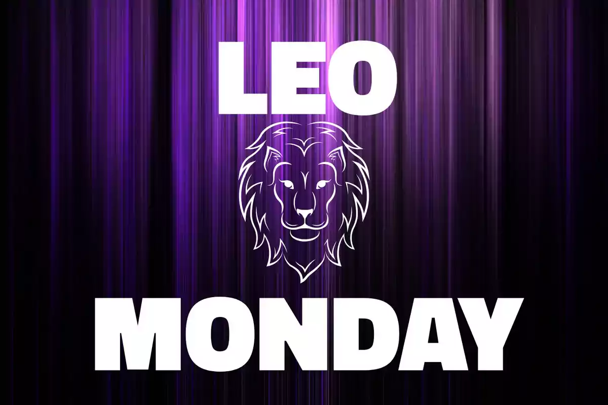 Purple lines background with the word LEO at the top, a drawing of a lion’s head in the center, and the word MONDAY at the bottom, all in large white letters.