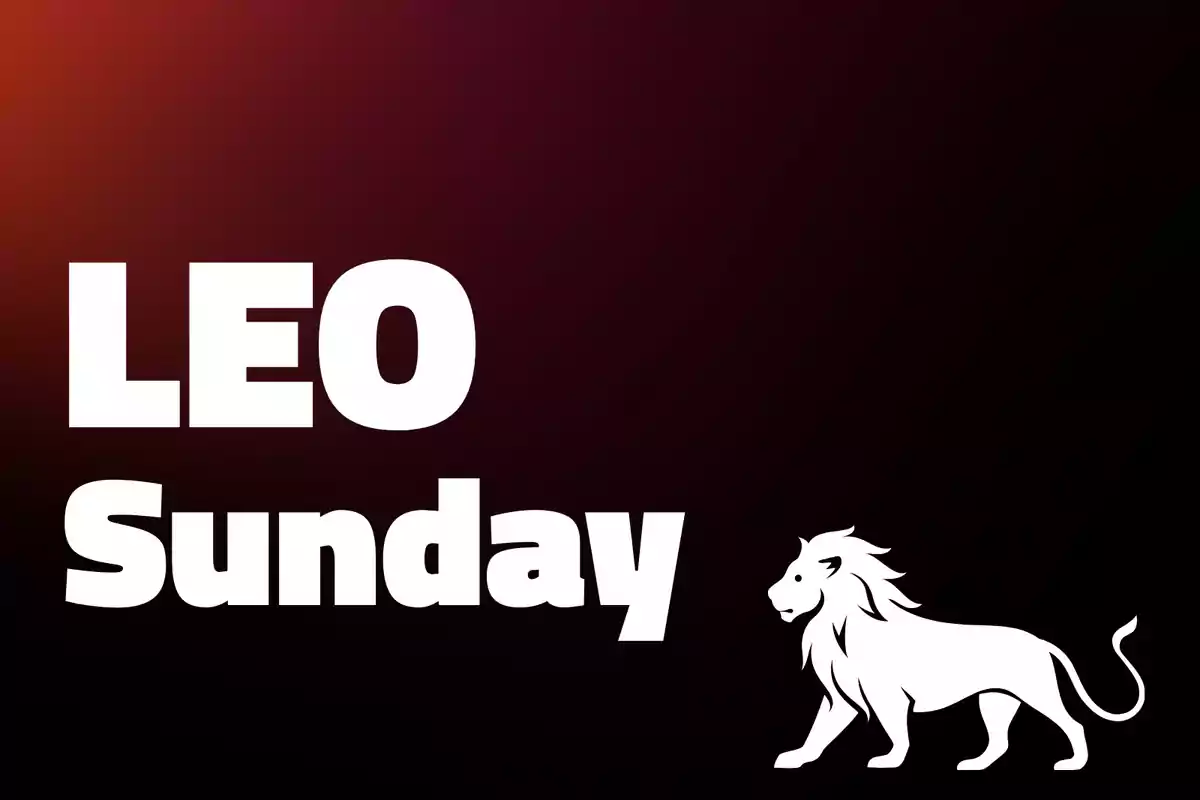 Large white letters reading "Leo Sunday" on a dark background with a white lion in the bottom right corner