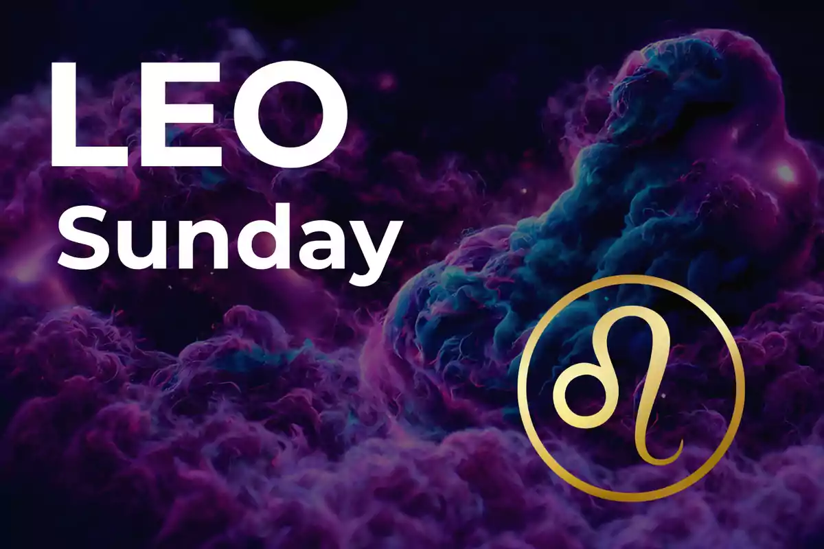 Image with the text LEO Sunday in large letters over a background of purple and blue clouds, next to the golden symbol of the Leo zodiac sign.