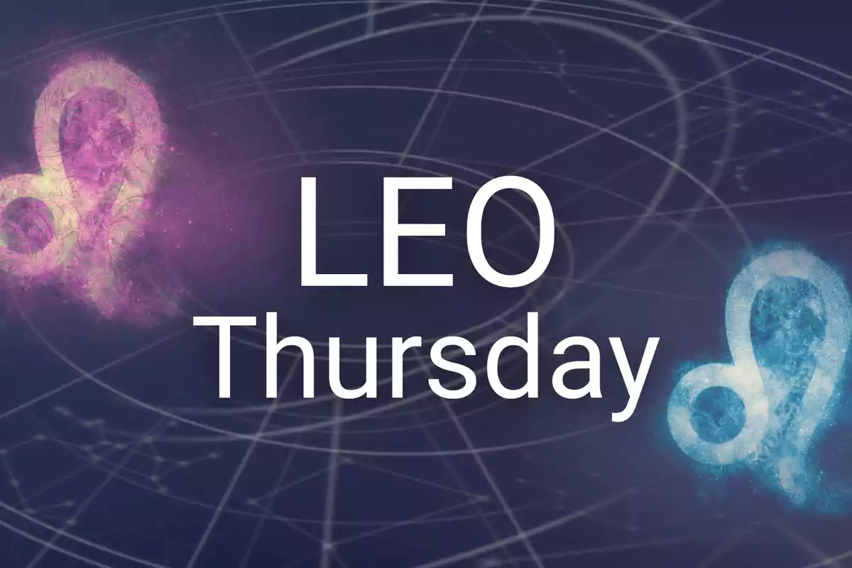 Image with the text "LEO Thursday" in the center, accompanied by two Leo zodiac symbols in purple and blue on a dark background with constellation lines.