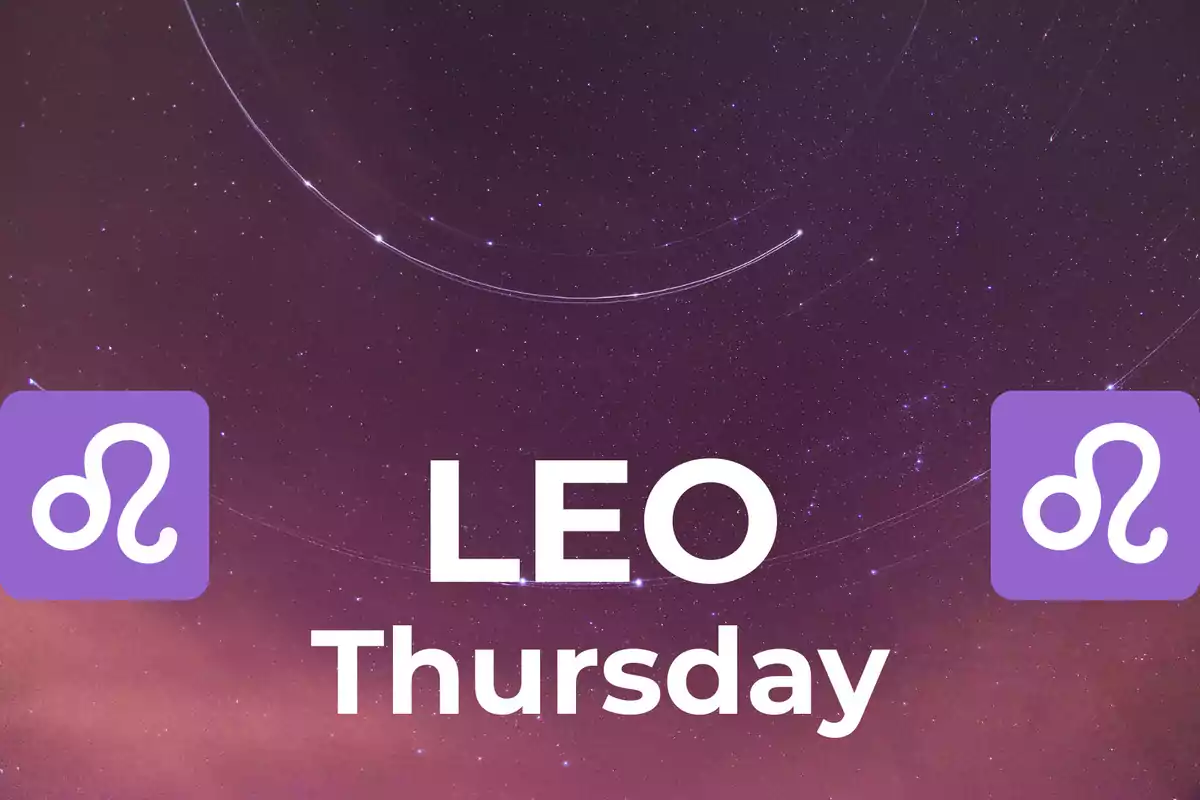 Starry sky background with the text "LEO Thursday" in the center and two purple Leo symbols on the sides