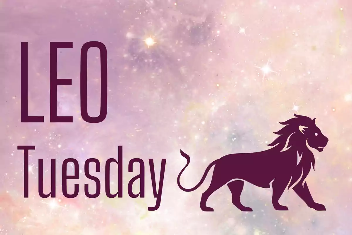 Starry background with the word LEO, the word Tuesday, and the silhouette of a lion