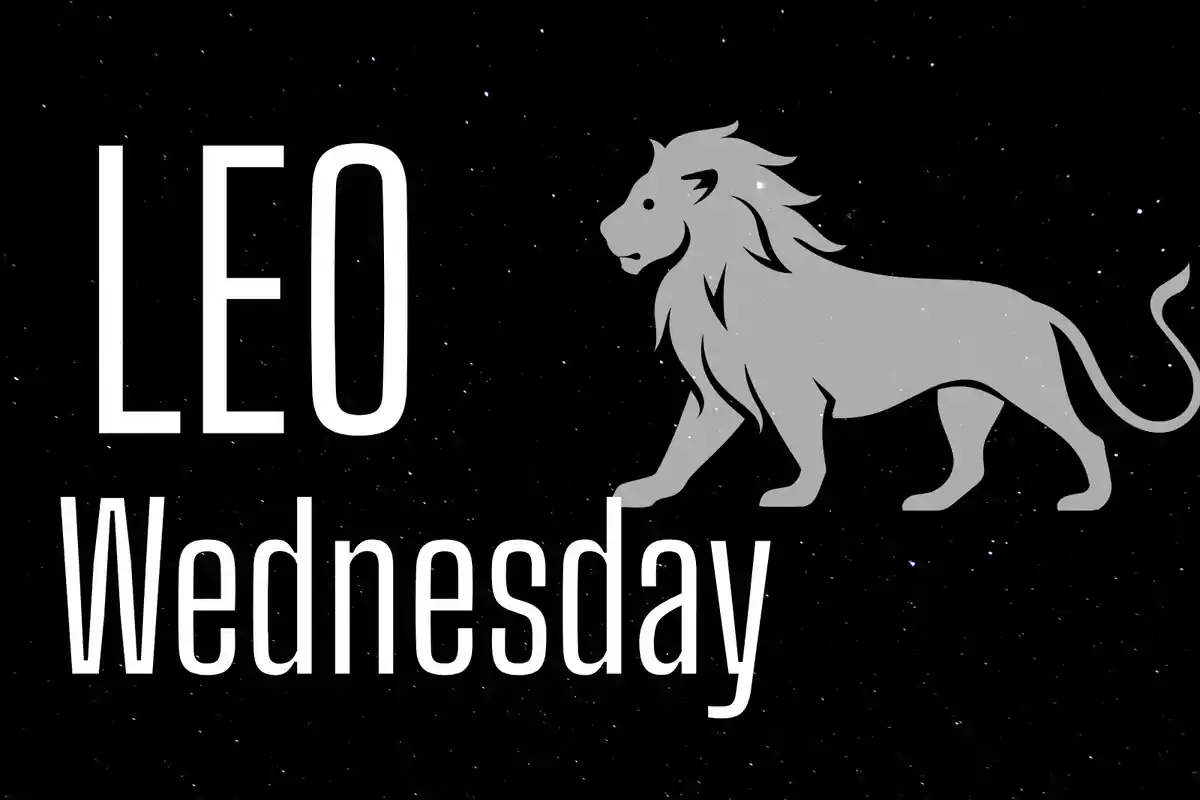 Image with the word LEO, the word Wednesday, and the silhouette of a lion on a starry background