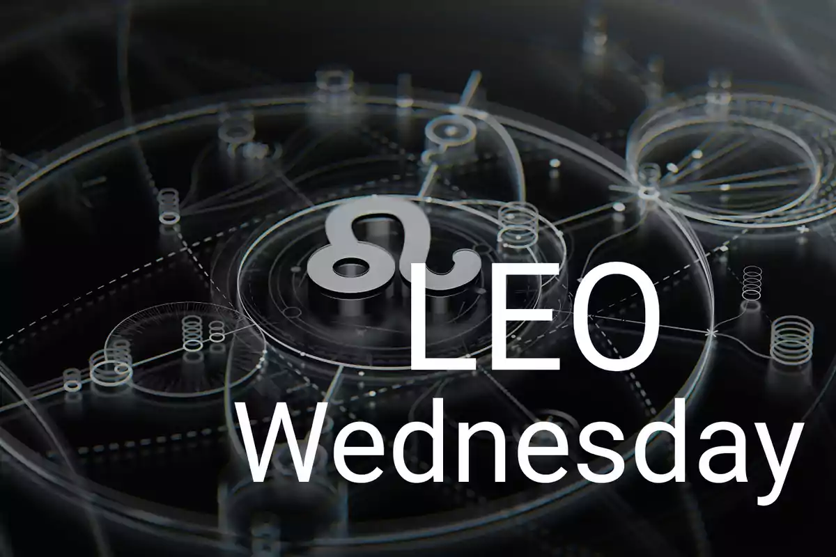 Yes, here’s a suitable alt:Leo symbol with a geometric design background and the words LEO and Wednesday in large letters