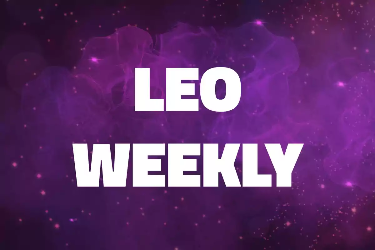 Leo Weekly text in white letters on a purple background with sparkles and abstract shapes