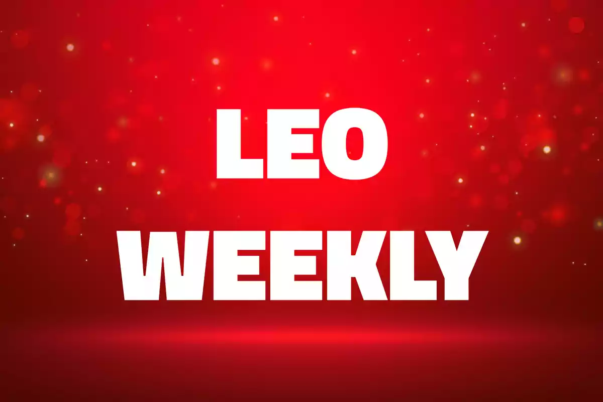Text "Leo Weekly" in white letters on a red background with sparkling highlights