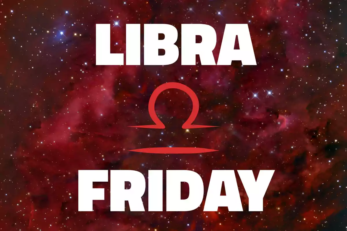 Red galaxy background with the word LIBRA at the top, the Libra symbol in the center, and the word FRIDAY at the bottom