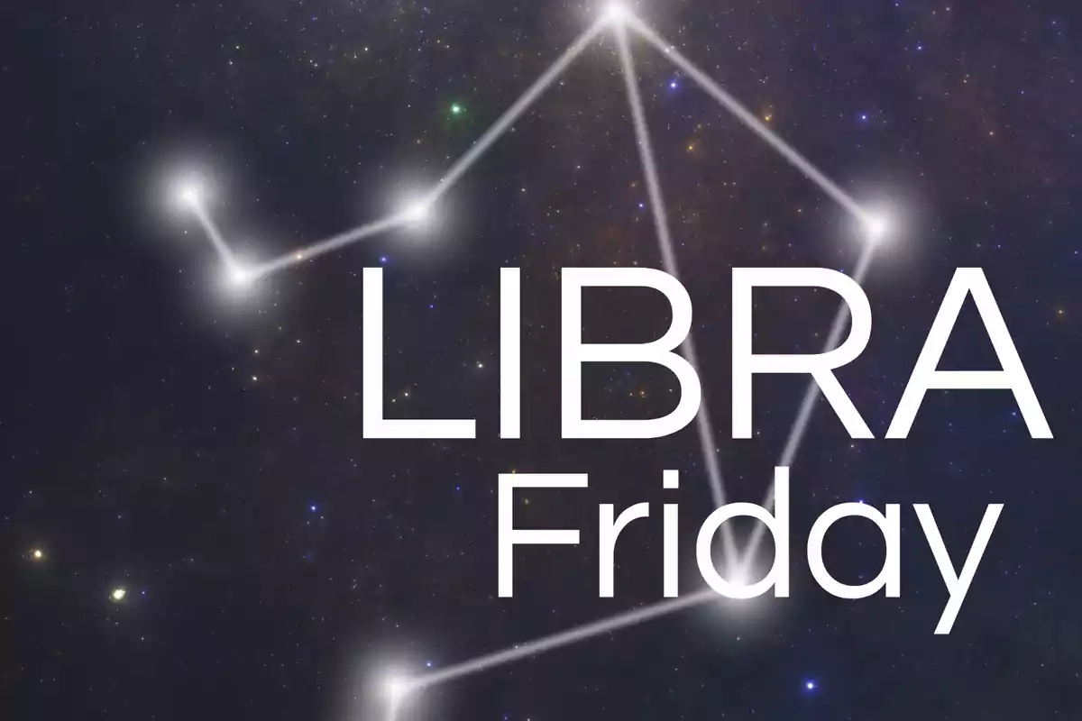 Libra constellation on a starry background with the words LIBRA and Friday in large white letters