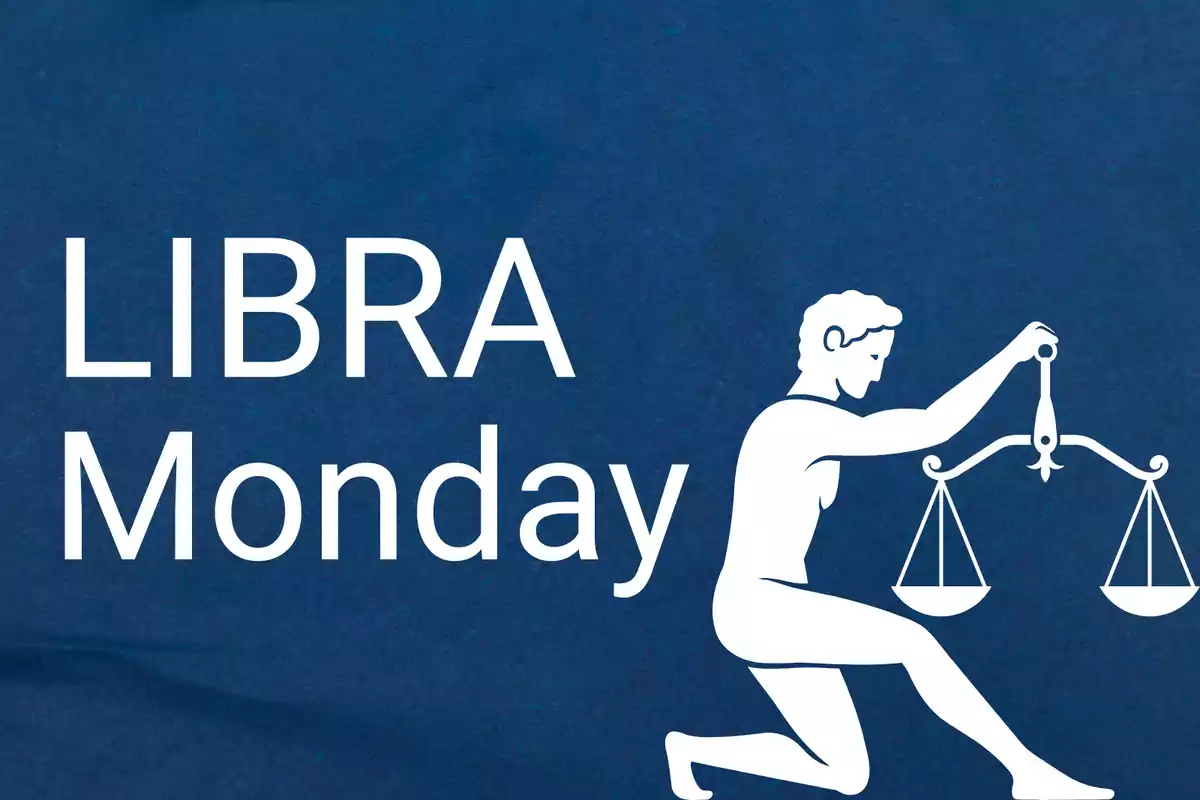 Libra Monday text next to the silhouette of a person holding a scale on a blue background