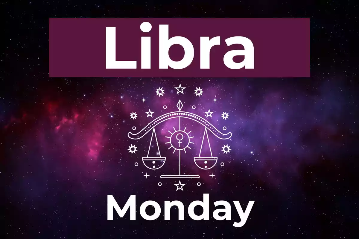 Image with a galaxy background, the word Libra at the top, a scale symbol in the center, and the word Monday at the bottom