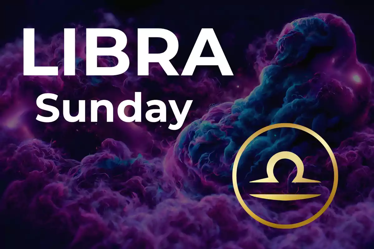 Image with a background of clouds in purple and blue tones, large text that says LIBRA Sunday, and a golden symbol of the Libra zodiac sign