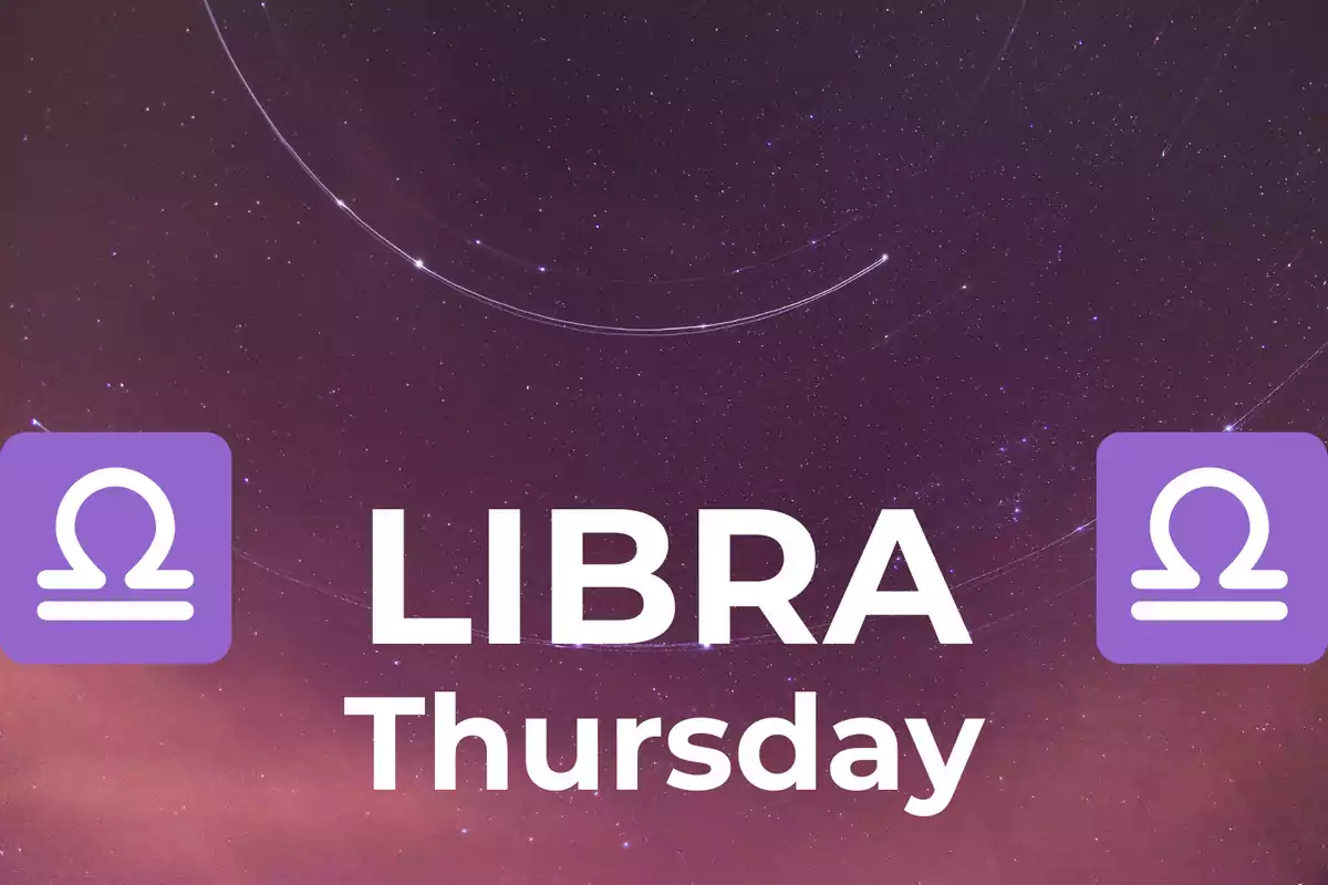 Starry sky background with the text LIBRA Thursday and two purple Libra symbols on each side