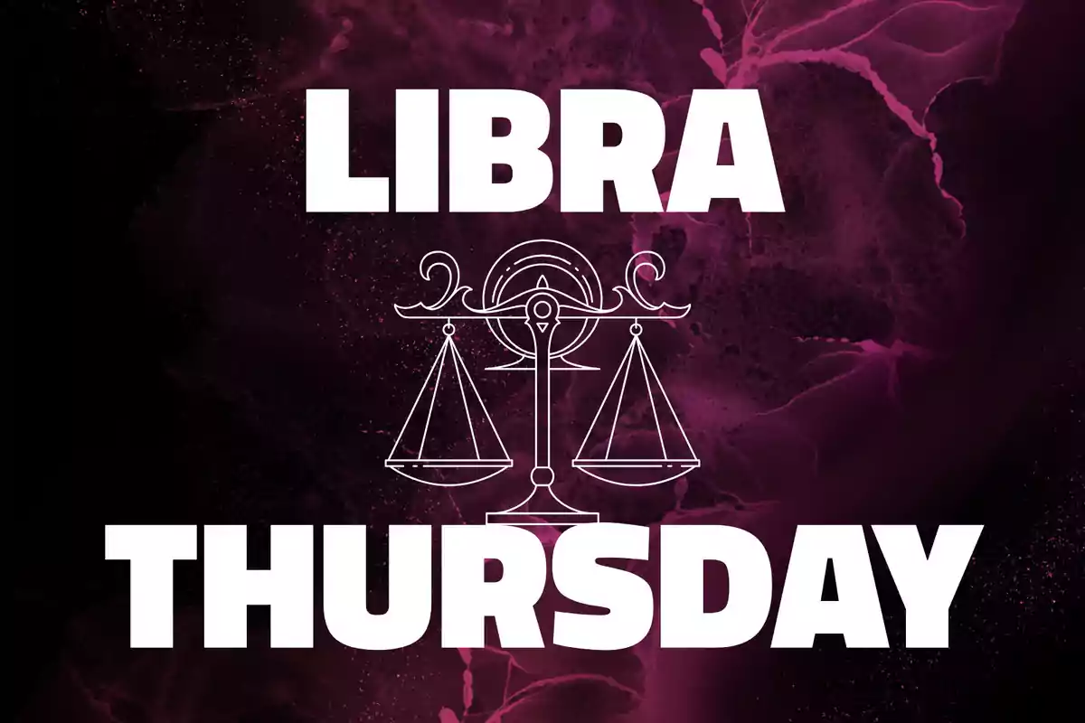 Image with a purple background showing the word LIBRA at the top, a scale in the center, and the word THURSDAY at the bottom