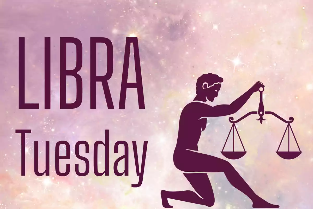 Image with a starry sky background in pink tones, the word LIBRA and Tuesday in large letters, and a silhouette of a person holding a scale