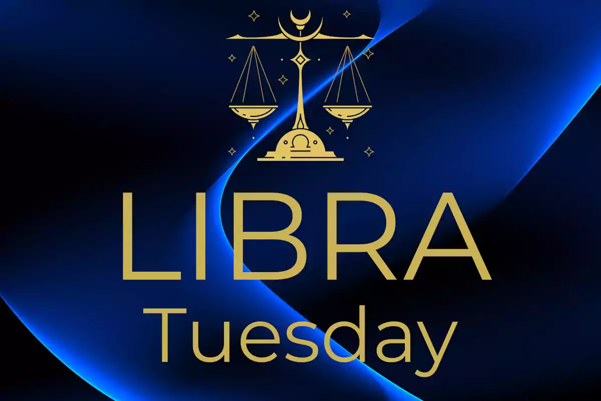 Golden illustration of the zodiac sign Libra with the word Tuesday on a dark blue background with shining lines