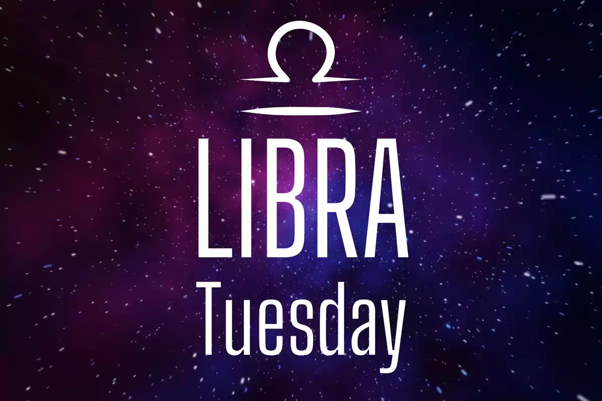 Starry background in purple tones with the Libra symbol and the words LIBRA Tuesday in large white letters