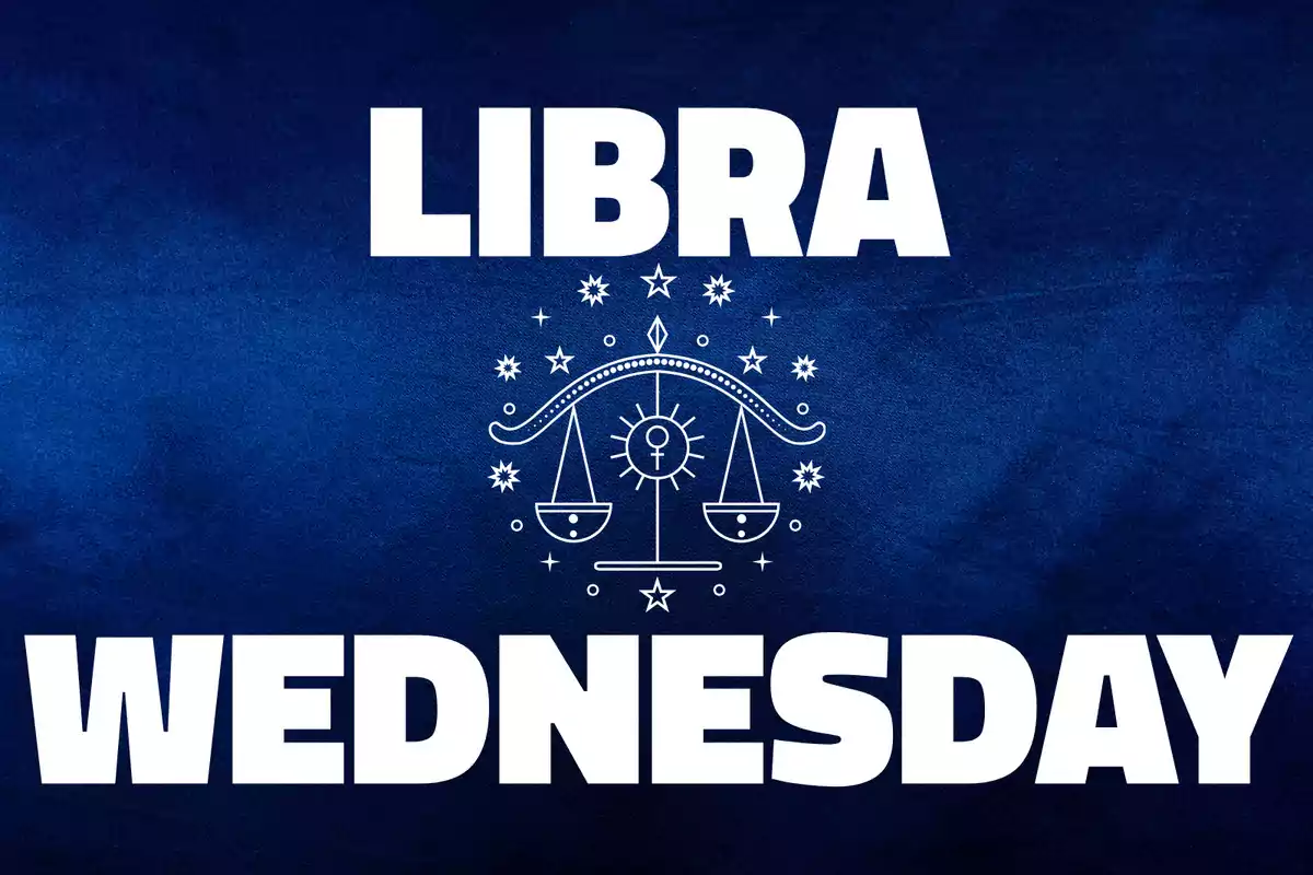 Blue background with the word LIBRA at the top, a drawing of a scale in the center, and the word WEDNESDAY at the bottom