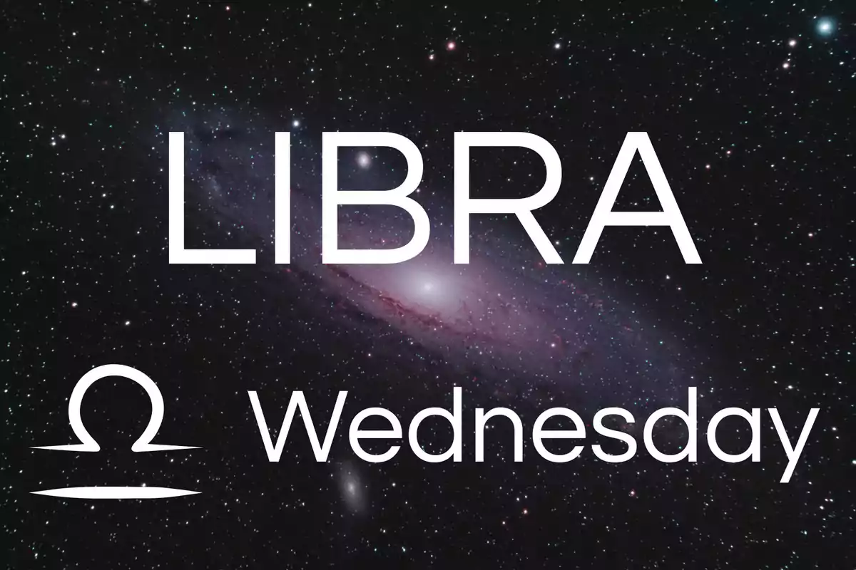Galaxy background with the word LIBRA, the zodiac sign symbol, and the word Wednesday