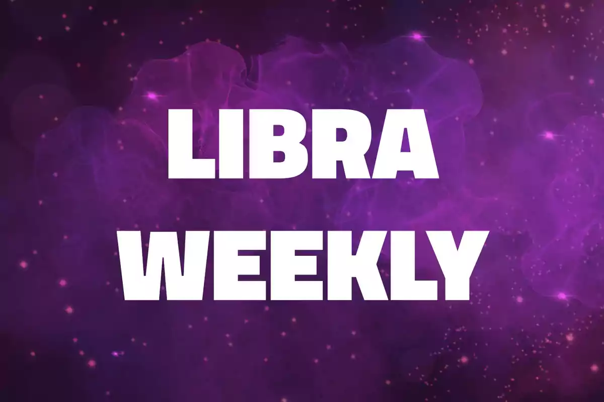 Libra Weekly text in white letters on a purple background with sparkles and abstract shapes