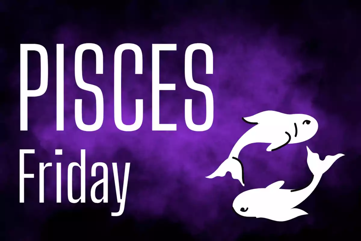 Purple background with the word Pisces, the word Friday, and two white fish drawn in a circle.
