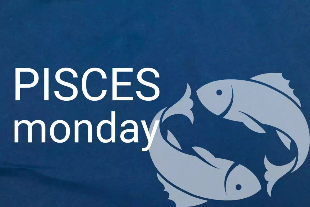 Pisces text Monday next to two gray fish on a blue background