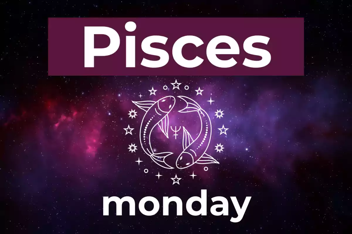 Image with a galaxy background, the word Pisces at the top, a symbol of two fish surrounded by stars in the center, and the word Monday at the bottom.