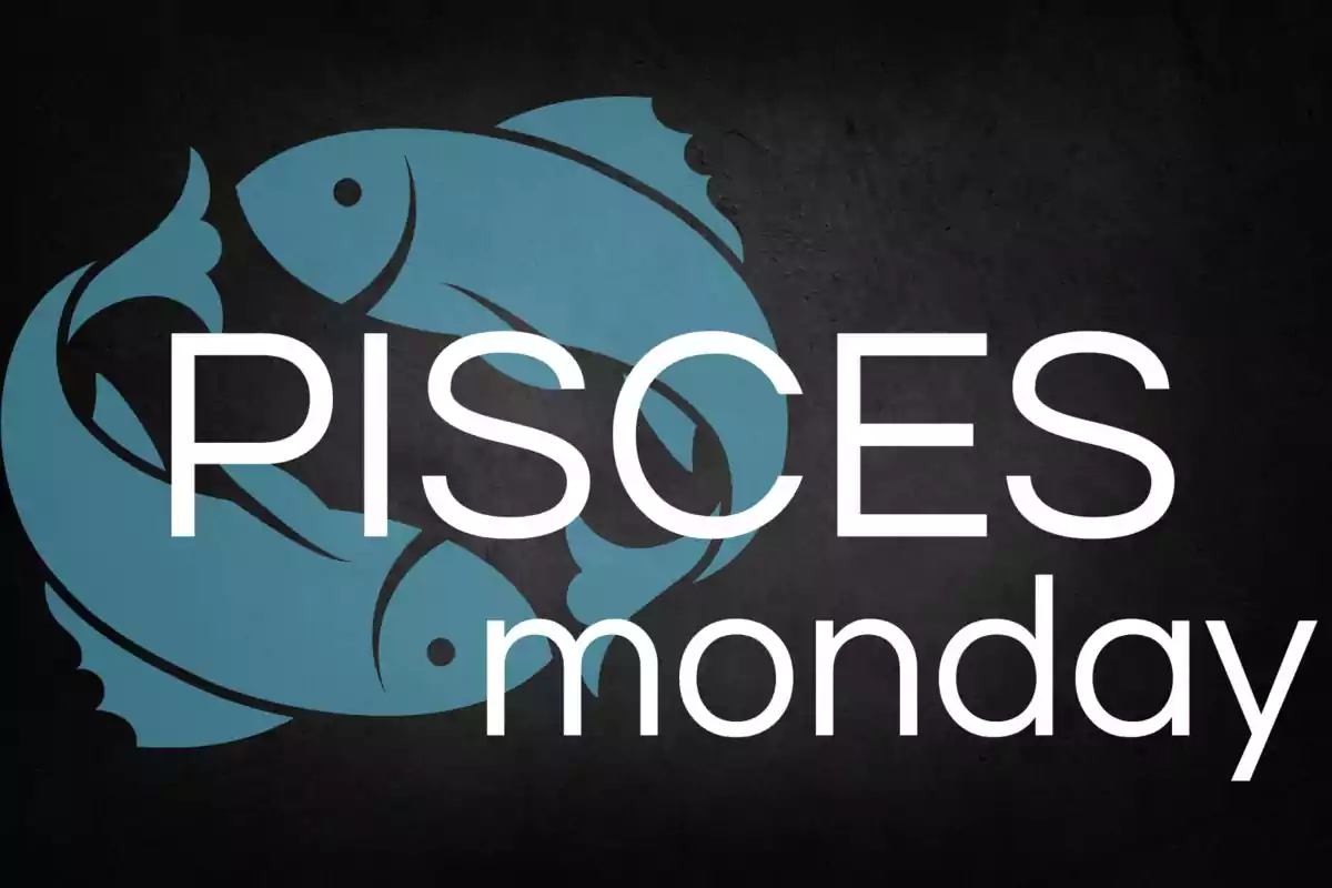 Two blue fish intertwined with the words Pisces and Monday in large white letters on a dark background
