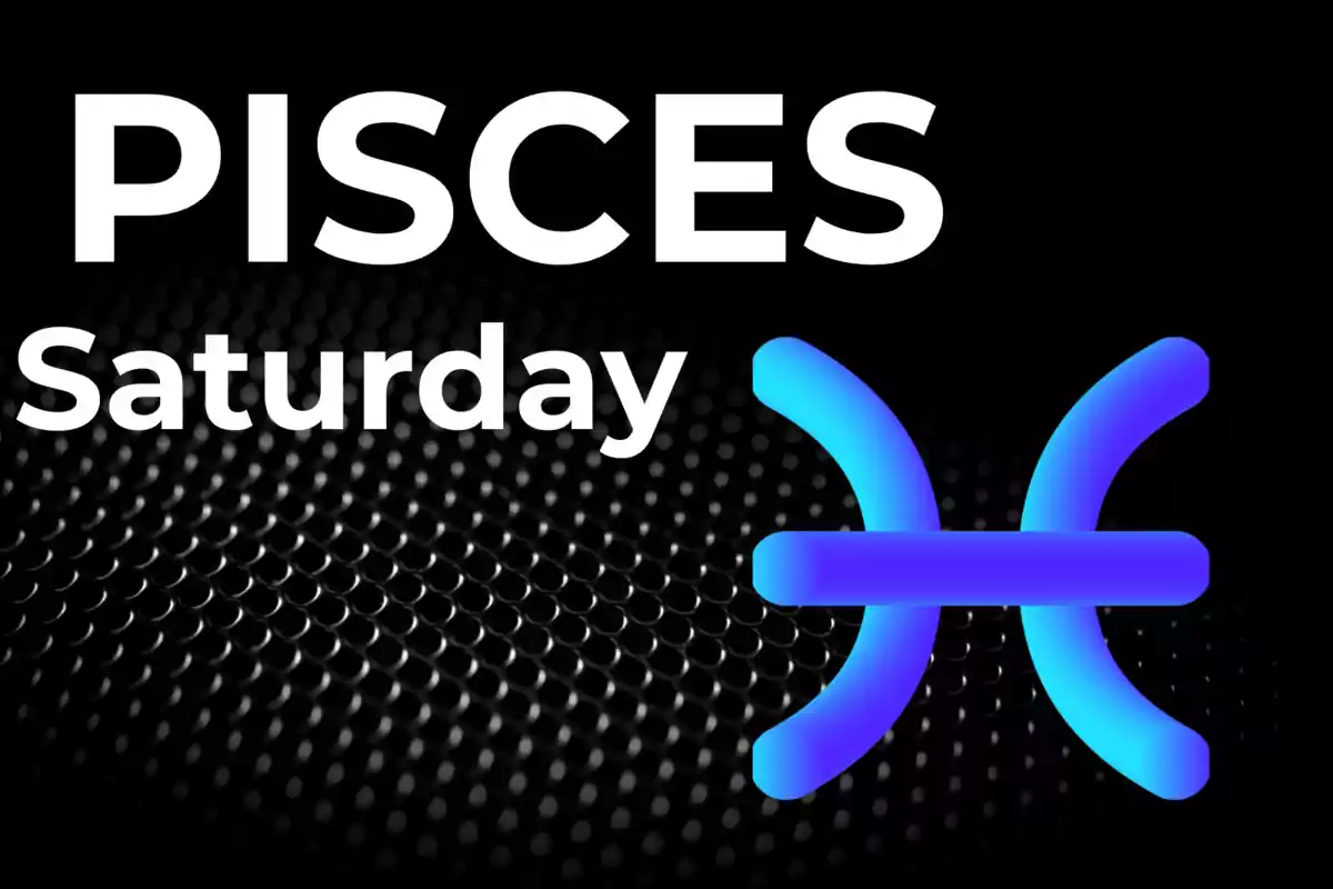 Image with the word Pisces, the day Saturday, and the symbol of the Pisces zodiac sign on a black background with a dotted pattern.