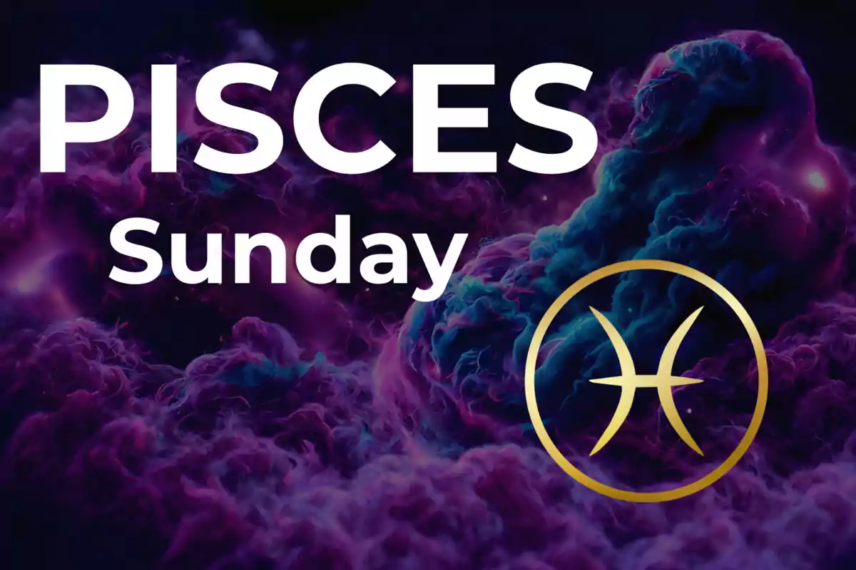 Image with the text PISCES Sunday and the golden Pisces symbol on a background of purple and blue clouds