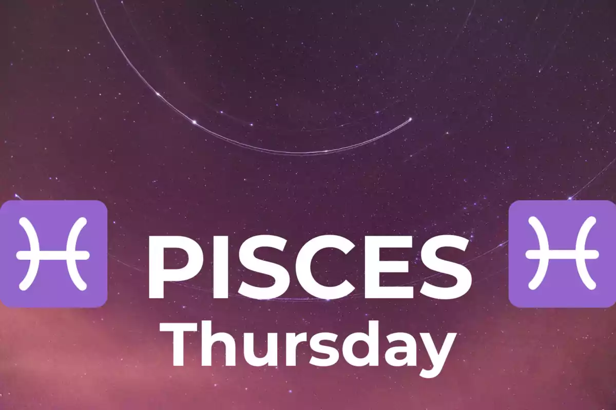 Starry sky background with the text "Pisces Thursday" and two purple Pisces symbols