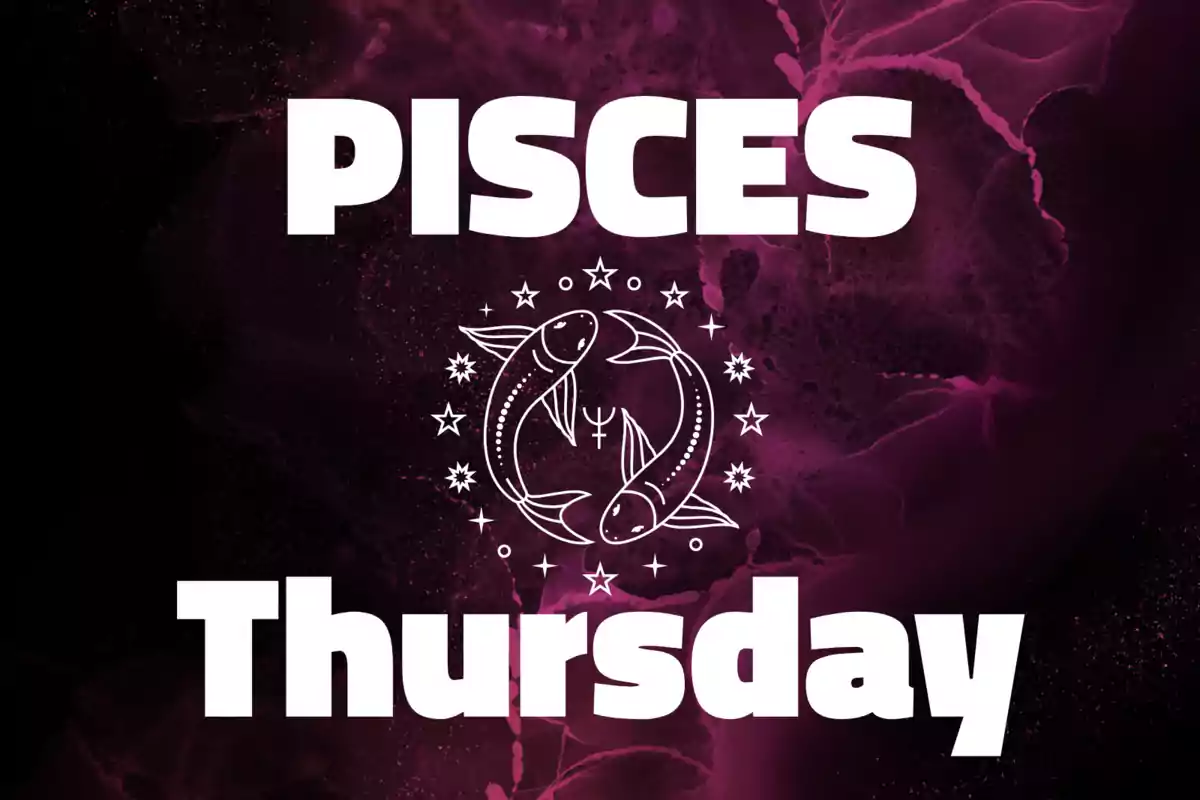 Purple background with the text "Pisces Thursday" and a drawing of two fish surrounded by stars