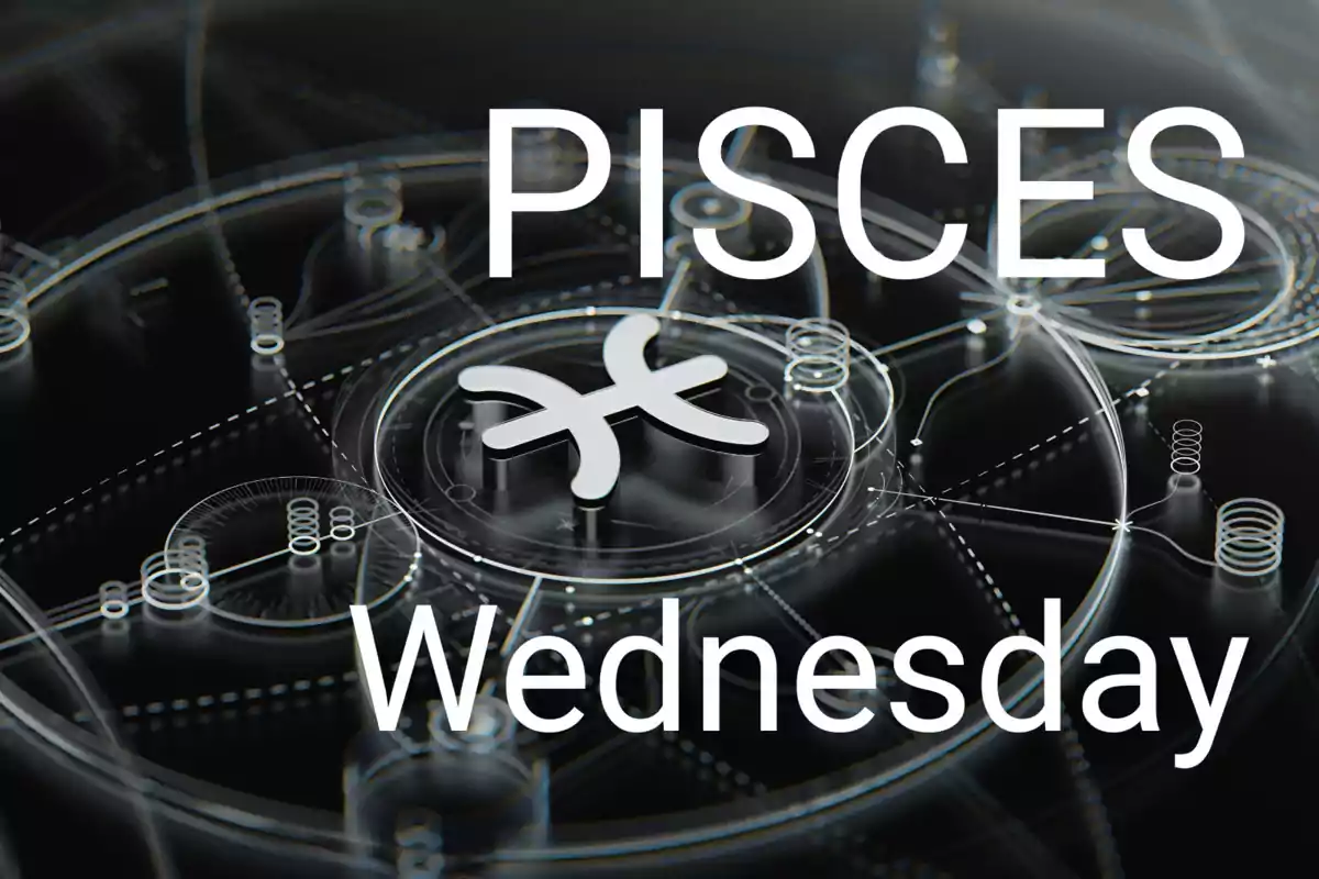 Pisces and Wednesday written in large letters on a dark background with a zodiac symbol in the center