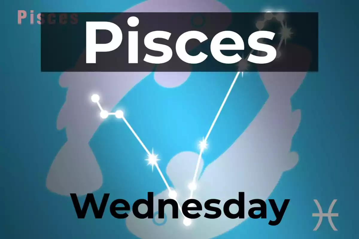 Image with the Pisces zodiac sign, the corresponding constellation, and the word Wednesday on a blue background