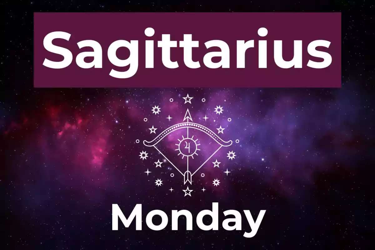 Image with the word Sagittarius in large letters, a mystical design of an eye and stars in the center, and the word Monday at the bottom over a purple galaxy background.