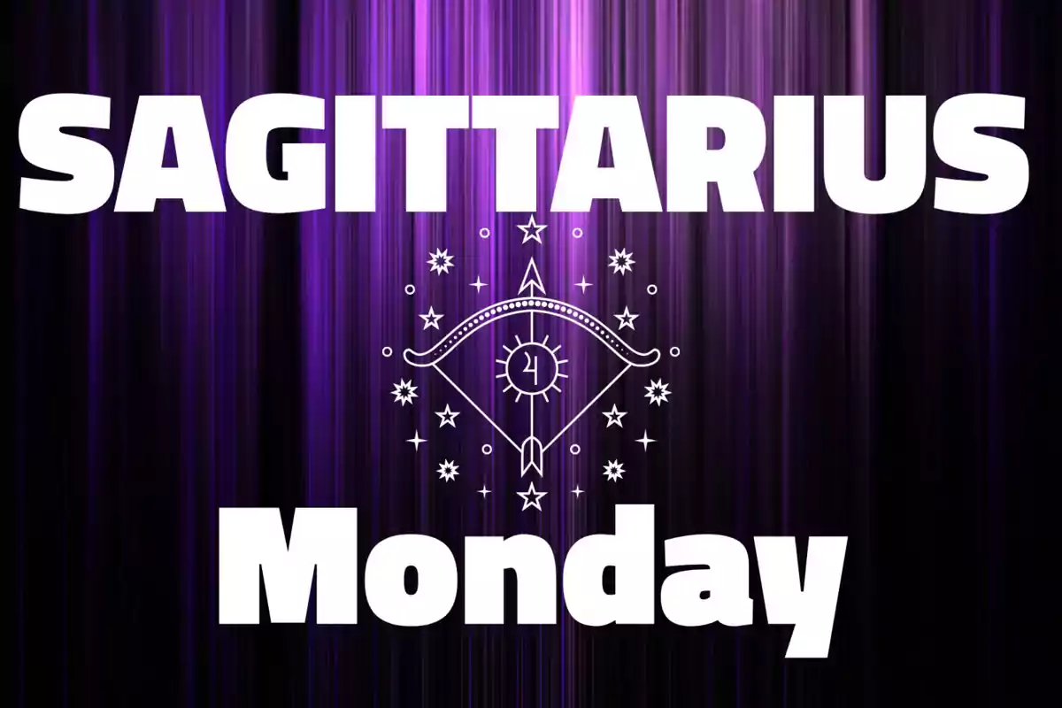 Purple background with vertical lines, large text that says SAGITTARIUS at the top and Monday at the bottom, with a bow and stars design in the center.