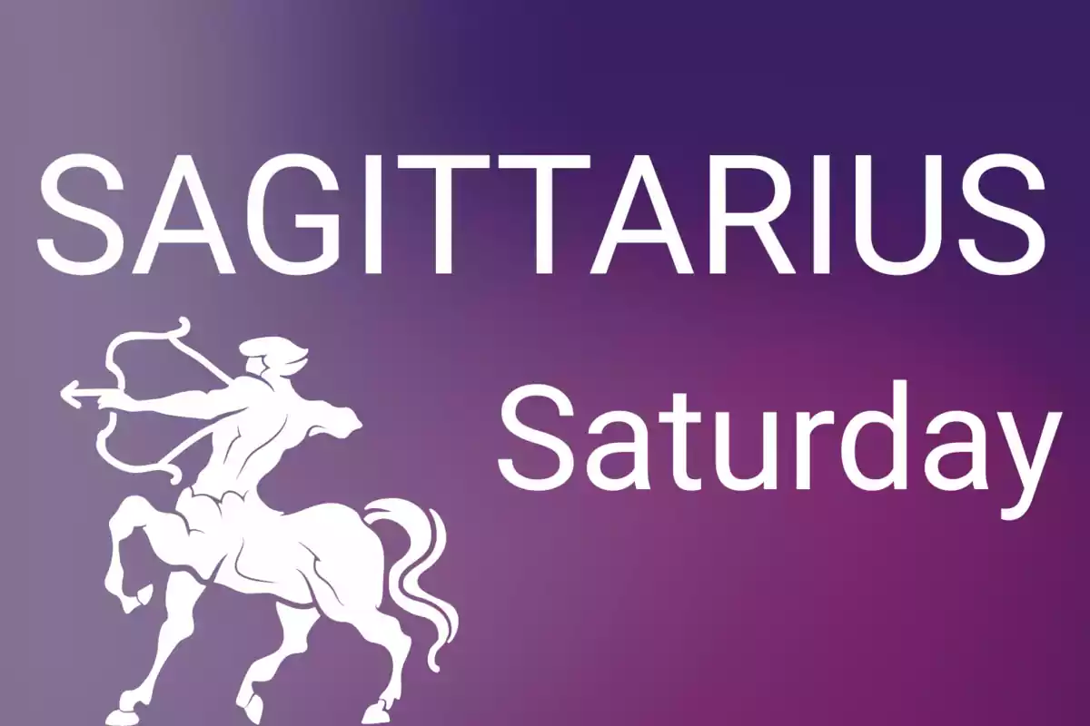 Sagittarius and Saturday with an illustration of a centaur with a bow on a purple gradient background