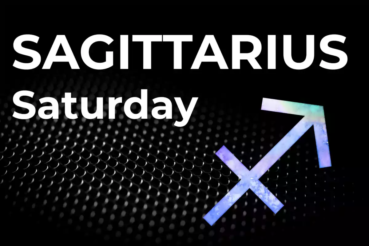 Image with the text SAGITTARIUS Saturday and the Sagittarius sign symbol on a dark background with a geometric pattern.