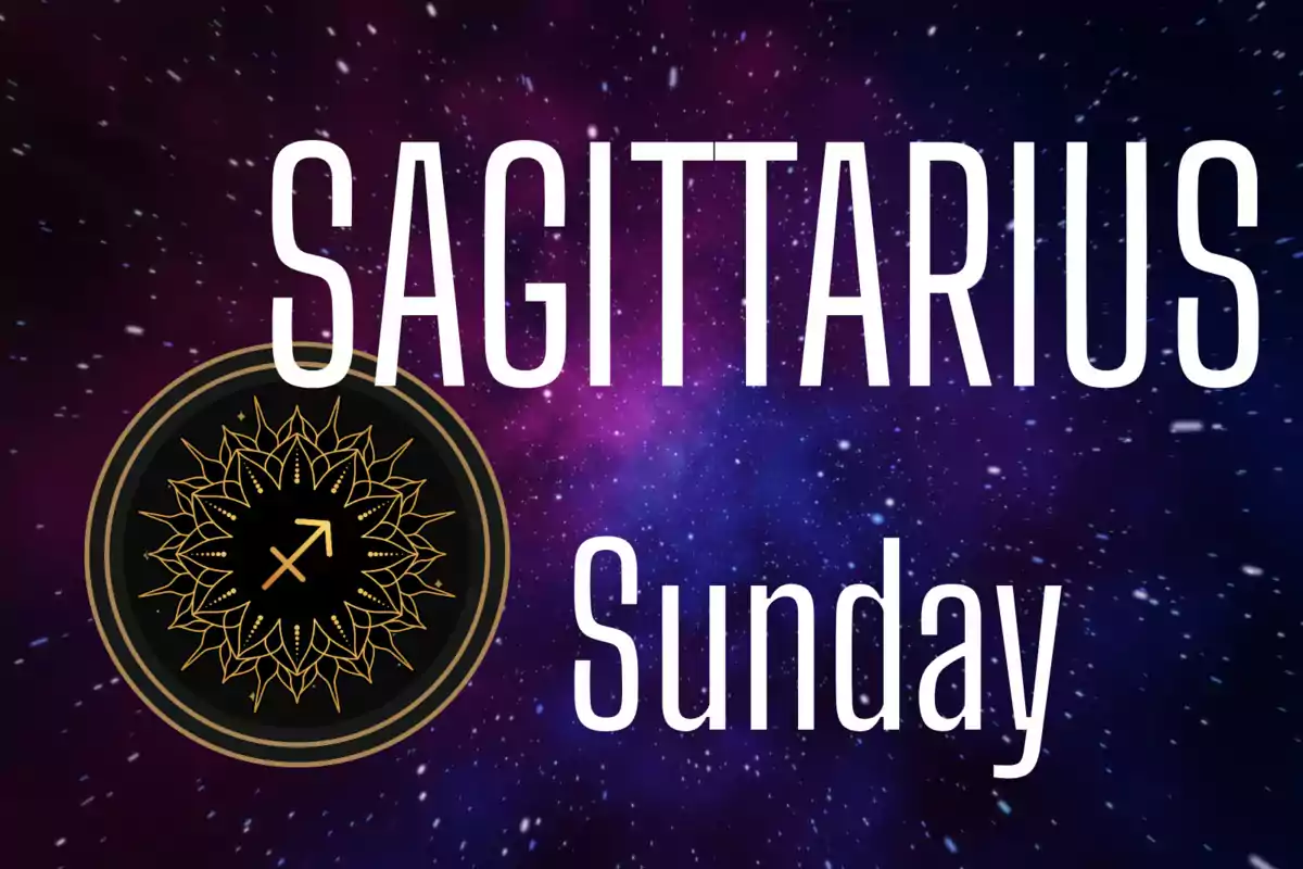 Galaxy background with the text SAGITTARIUS Sunday and a golden Sagittarius symbol