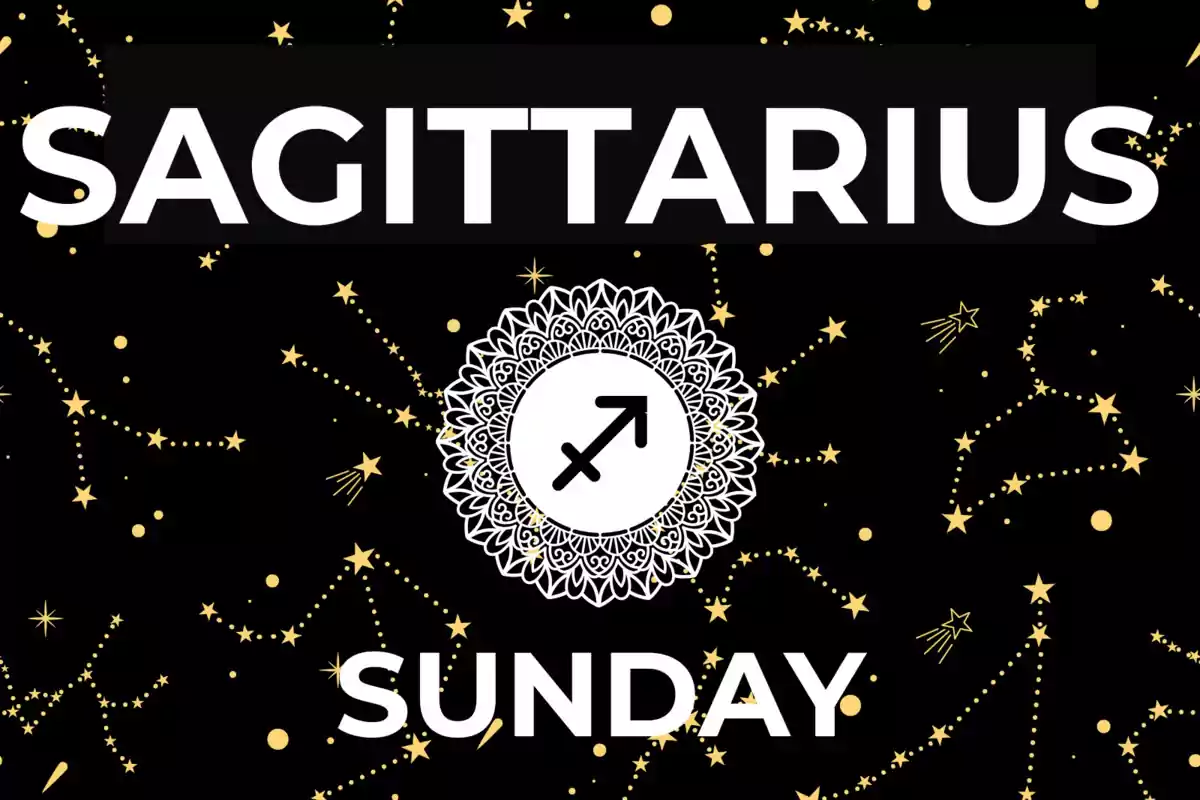 Black background with golden constellations, the text says SAGITTARIUS at the top and SUNDAY at the bottom, in the center there is a Sagittarius symbol inside a decorative white circle.